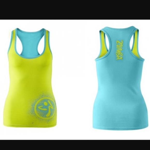 Zumba Racerback Tank Top Colorblock Neon Yellow Fitted Activewear Dance Workout - Picture 7 of 7